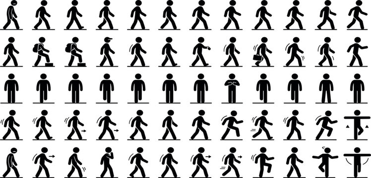Walking Man Stick Figure Silhouette Icon Set with Various Poses, Gaits, and Stepping Actions for Pedestrian Navigation Signs and Informational Graphic Designs