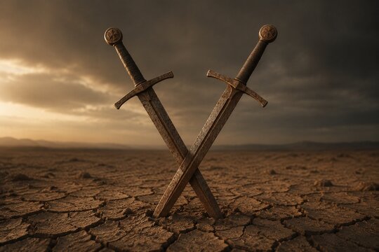 Two rusted longswords crossed and planted in cracked, dry earth.