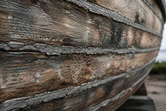 Weathered wooden boat hull with gray caulk sealing the seams, natural light.