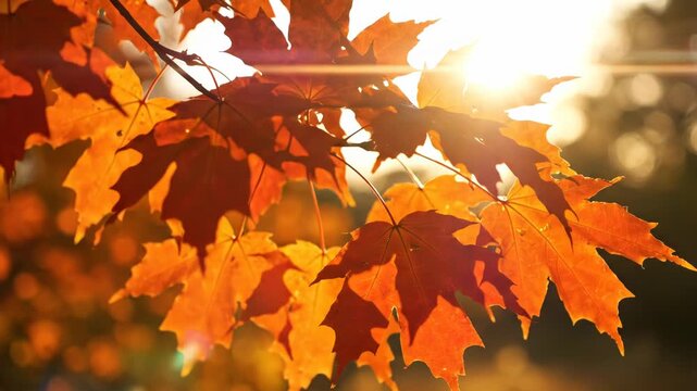 Vibrant autumn maple leaves backlit by golden sunbeams creating a warm glow and soft bokeh background seasonal transitions and nature themes