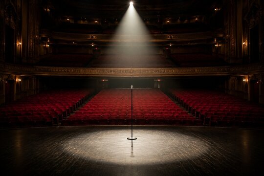 An empty auditorium stage with a solitary microphone under a spotlight.