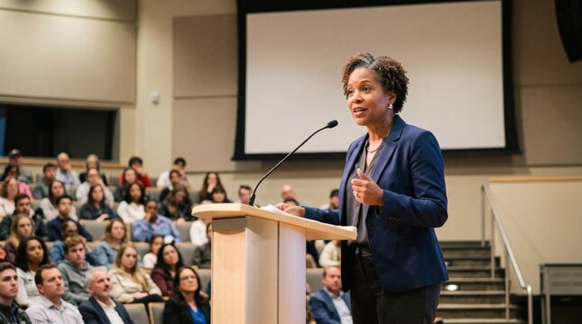 Confident Woman Speaker Addresses Audience in Auditorium Presentation