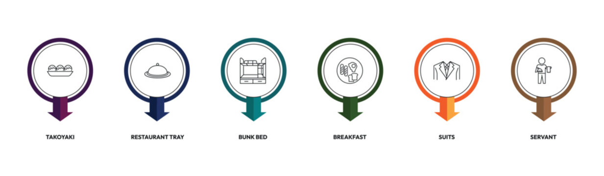 hotel outline icon set. takoyaki, restaurant tray, breakfast, servant and more. linear vector collection. editable stroke