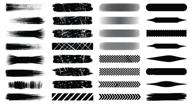 Black grunge brush strokes and textured elements in graphic design for overlays