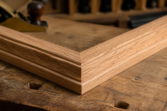 Two wooden picture frame pieces with a perfect miter joint in a workshop.