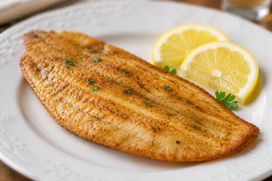 Golden-brown fried plaice fillet with lemon on white plate.