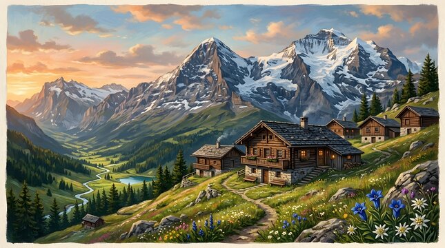 Serene mountain cabin at golden hour.