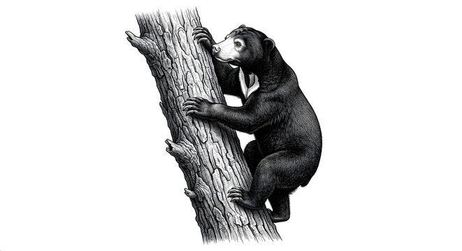Vintage engraving style illustration of a sun bear climbing a tree