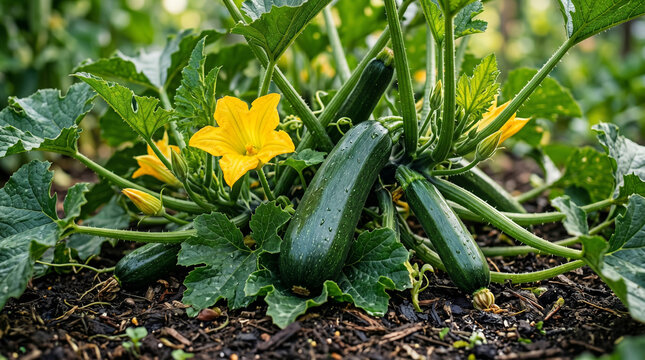 fresh green zucchini growing in garden bed with yellow flowers