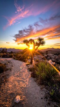 Vibrant desert sunset illuminates lone tree