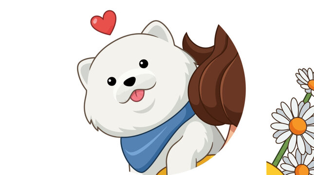 Cute White Fluffy Cartoon Dog with Heart and Blue Bandana
