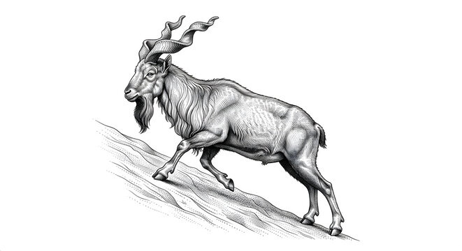 Vintage engraving style illustration of a markhor walking on a slope