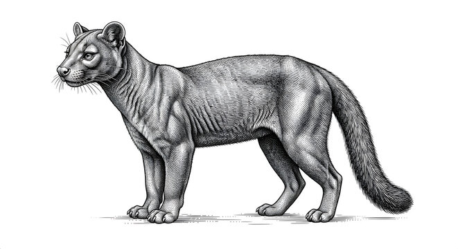 Detailed vintage engraving illustration of a fossa standing