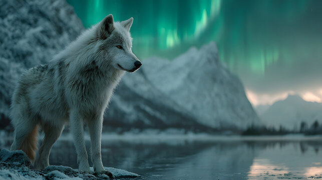 Majestic White Wolf Standing in Snow Against Northern Lights and Mountains