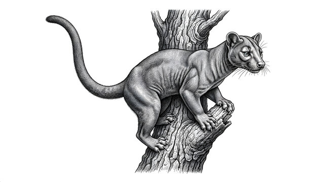 Vintage engraving style illustration of a fossa climbing a tree