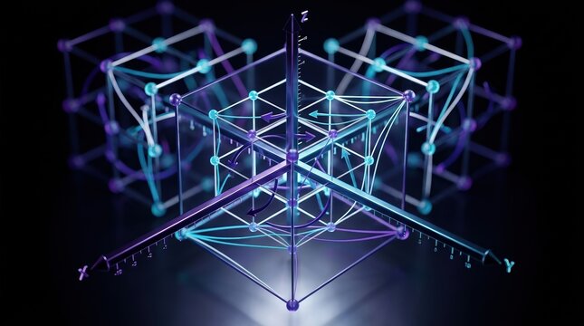 An abstract mathematical scene with isometric coordinate axes, nested lattice cubes, curved phase-space arrows, and color-coded permutation lines, rendered in deep violet, cyan, and white, evoking