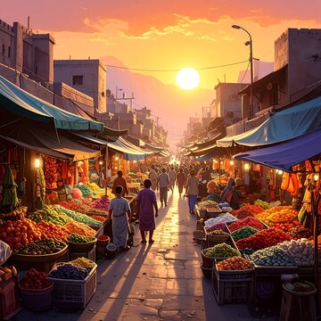 Vibrant evening market street with colorful produce stalls.