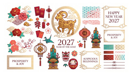 2027 lunar new year goat zodiac celebration vector clipart collection with festival prosperity celebration illustration oriental traditional decoration greeting collection background © Shaon