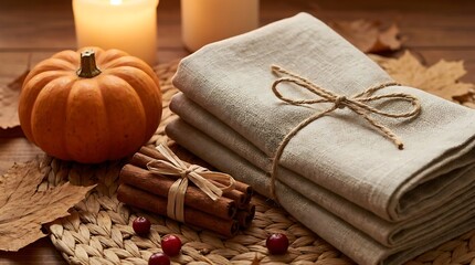 Fototapeta premium Cozy Autumn Table Setting with Linen Napkins, Pumpkin, Cinnamon Sticks, and Candles on a Woven Placemat