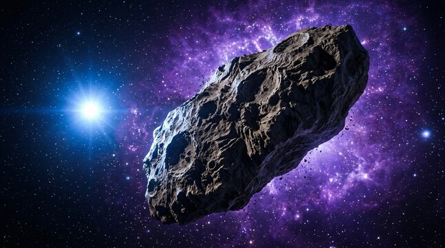 Space rendering shows a massive cratered asteroid tumbling through space illuminated by a distant blue star and a glowing purple nebula.