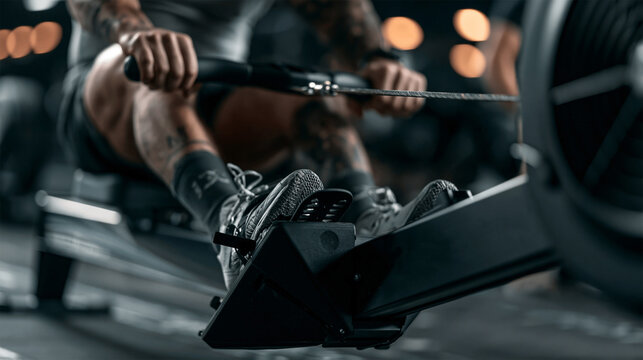 HYROX style cardio training, athlete using rowing machine during intense endurance workout.	
