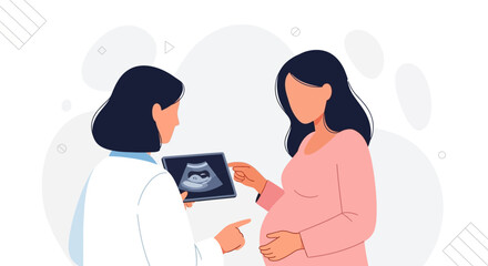 Fototapeta premium Doctor showing ultrasound scan to pregnant woman, modern flat illustration, healthcare and maternity concept