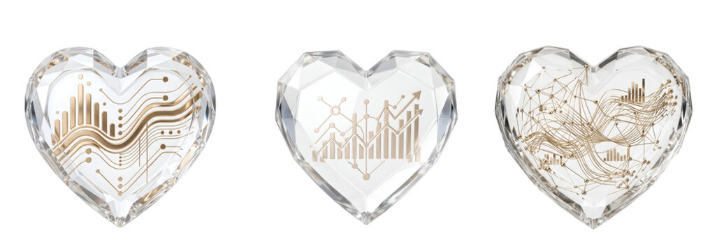 Three heart-shaped crystal paperweights with gold and silver designs on transparent background