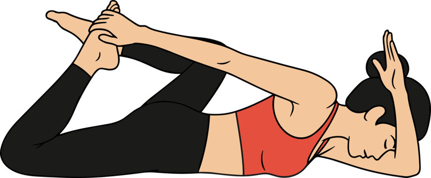 Woman performing Dhanurasana yoga pose, bow pose, stretching back and legs