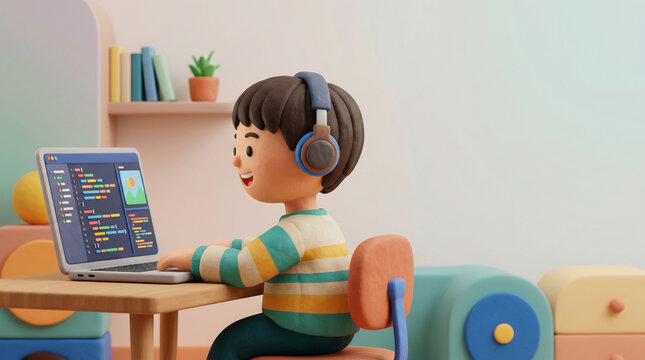 パソコンでプログラミング学習をする男の子の3Dイラスト
