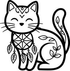 Cute Boho Cat With Dreamcatcher and Leaves - Black and White Outline Illustration © Brian