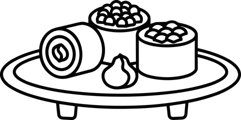 Simple Line Art Illustration of Sushi Platter with Maki and Nigiri © Brian