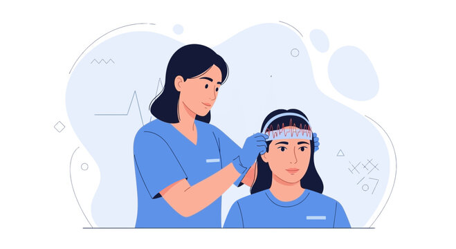 Medical professional applying EEG cap to patient for brain scan, illustrating neurological testing and healthcare.