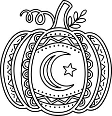 Pumpkin with crescent moon and star, mandala design, outline drawing for coloring © Brian