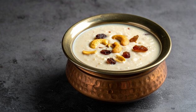 Traditional South Indian Palada Payasam Dessert with Cashews and Raisins in a Brass Bowl