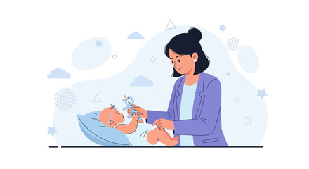 Obraz premium Mother Playing with Newborn Baby, Vector Illustration of Parental Care and Early Childhood Development