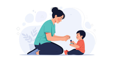 Obraz premium Mother and Child Playing Together with Toys, Vector Illustration of Family Bonding and Childhood Development