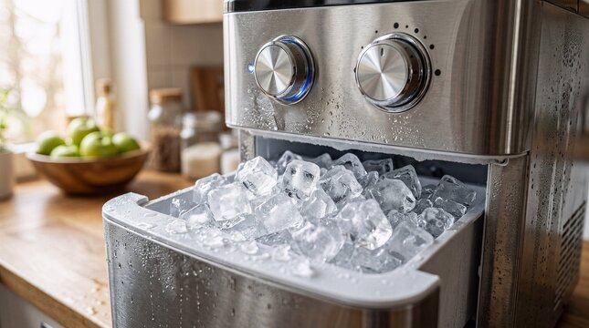 Close up of portable stainless steel ice maker machine basket filled with cold ice cubes on kitchen counter appliance stainless countertop portable refreshment