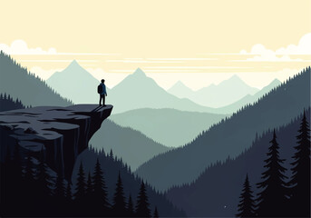 A solitary figure stands on a cliff edge overlooking a vast mountain range in this vector flat design illustration © denijulianto