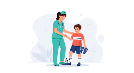 Fototapeta premium Nurse Helping Young Boy Prepare for Soccer Game