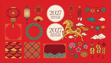 Chinese new year 2027 year of the gold horse decorative element collection with decoration oriental illustration festival traditional celebration greeting fireworks prosperity background © Shaon