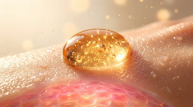 Golden serum droplet on macro skin texture with underlying cellular layer