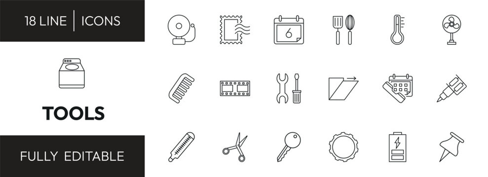 tools outline icon set. electric bell, postage, thermometers, top load washer and more. linear vector collection. editable stroke