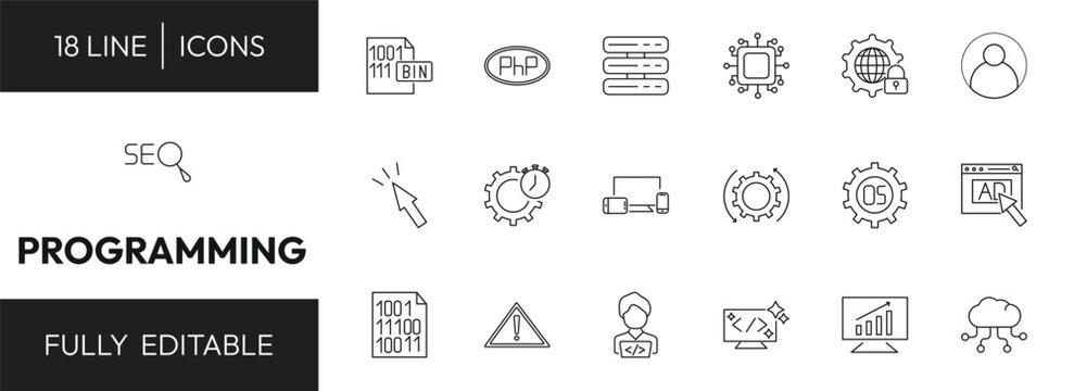 programming outline icon set. binary file, php, secured network, seo and more. linear vector collection. editable stroke