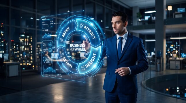 Businessman interacting with digital business flywheel strategy
