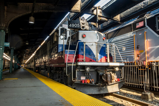 Hoboken, NJ - US - Jul 1, 2026 NJ Transit locomotive GP40FH-2M locomotive #4905 waits at a platform in Hoboken Terminal, a historic Beaux-Arts transit hub in New Jersey serving regional commuters.