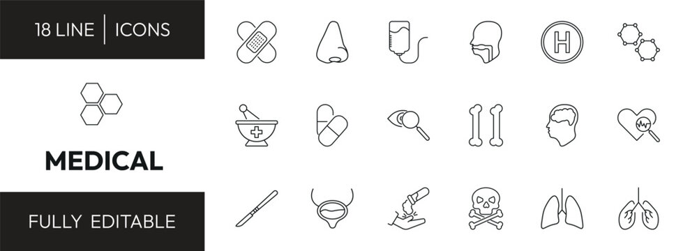 medical outline icon set. plastering, l, heliport, three hexagons cell and more. linear vector collection. editable stroke