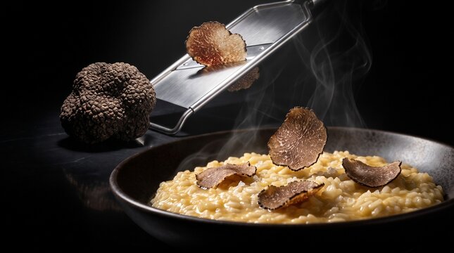 Truffle risotto, shaved truffle, Italian dish, gourmet food, black background