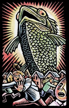 giant fish towers over a fleeing crowd of people, like godzilla