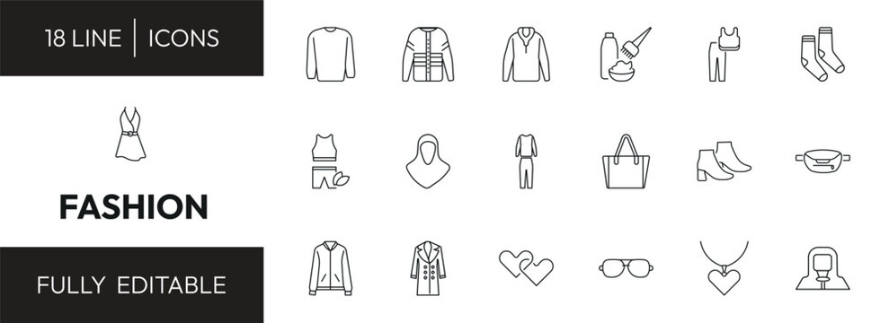 fashion outline icon set. sweater with pocket, safety shirt, sportswear, dress with belt and more. linear vector collection. editable stroke