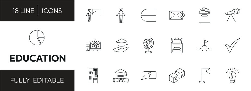 education outline icon set. teacher with stick, open arms, archives, pie chart and more. linear vector collection. editable stroke